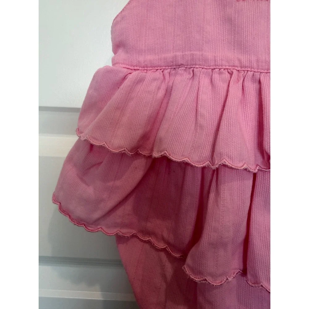 OshKosh Baby Pink Seersucker Ruffle Bubble Romper Sunsuit Size 3/6M Vintage